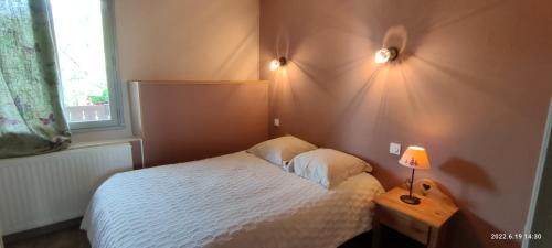 杜萨尔Le petit coin au bord du lac的一间小卧室,配有白色的床和一盏灯