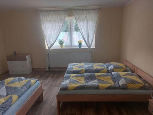 大洛西尼Apartmány u Mlýna的一间卧室设有两张床和窗户。