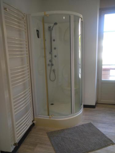 马尔沃若勒Les Chambres de Marvejols的一间地毯房间内的玻璃门淋浴