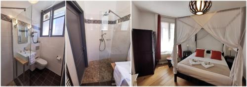 埃特勒塔悬崖酒店的浴室的两张照片,配有一张床和淋浴