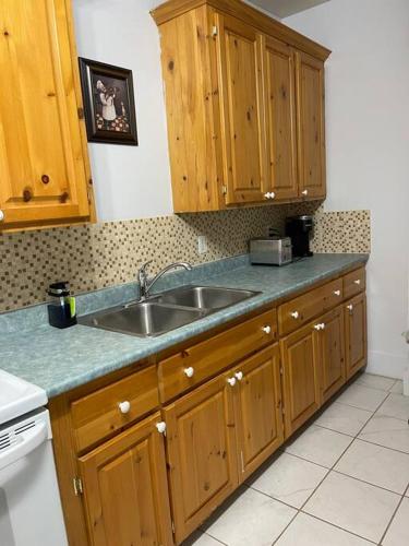 Grande-DigueMy Cozy Apartment Cottage的一个带木制橱柜和水槽的厨房