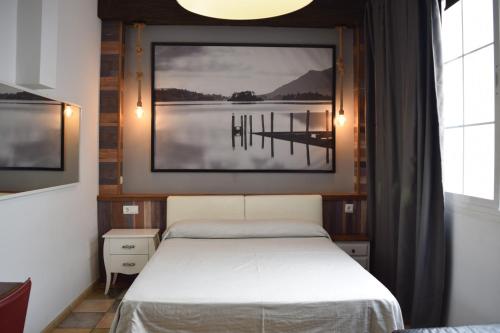 阿瓜杜尔塞Hotel Mirablau的一间卧室配有一张床,享有湖泊美景