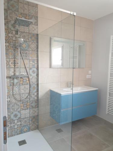 巴拉聚克Gîtes des Clapas Lisa, villa**** piscine privée的带淋浴、水槽和镜子的浴室