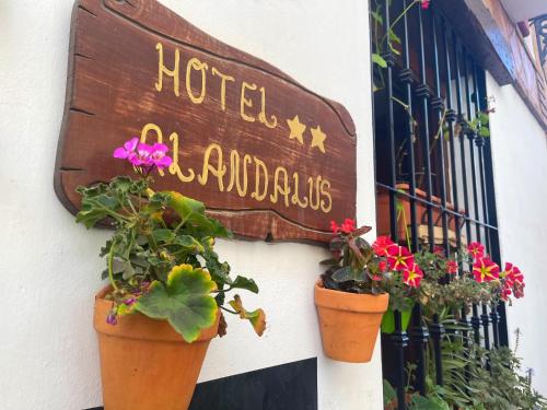 托罗克斯安达卢斯酒店的建筑边有盆栽植物的标志