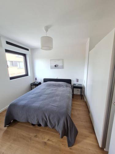 奥斯坦德Vakantiehuis Mariakerke的一间卧室设有一张大床和一个窗户。