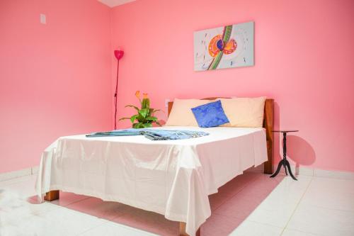 康德Passarela do Caranguejo PB的卧室设有粉红色的墙壁和一张床
