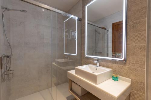 格拉纳达BiBo Suites San Agustín的一间带水槽、淋浴和镜子的浴室