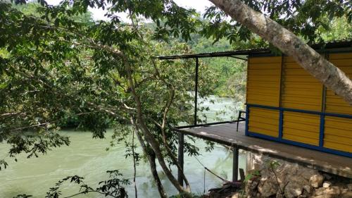兰金Room in Cabin - Rafting Hut by The River的水边的房屋,有树