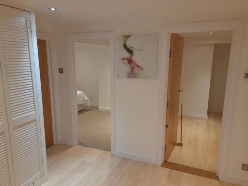 布莱顿霍夫North Laine Deluxe Apartment sleeps 6的一条带白色墙壁的走廊和一扇带绘画的门