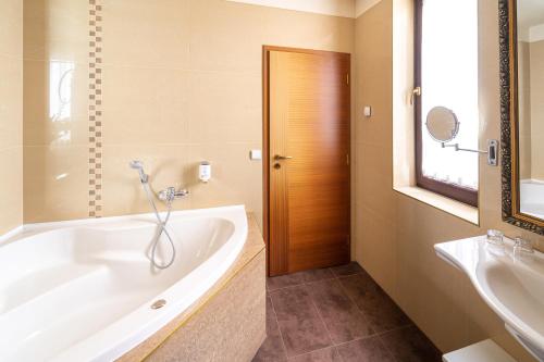 捷克布杰约维采维塔Spa酒店的带浴缸和盥洗盆的浴室