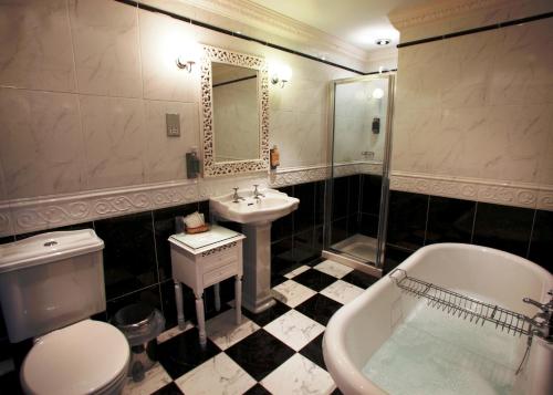 贝灵汉姆里弗代尔豪尔休闲酒店的浴室配有卫生间、盥洗盆和浴缸。