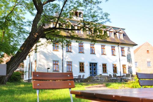 Creuzburg斯提夫沃尔姆生态酒店的前面有两长椅的白色房子