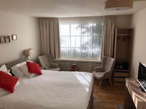 奥斯Bed and Breakfast De Haen - Privé-appartementen van 43 of 60 m2 met tweepersoons bubbelbad - Finse sauna - in westvleugel van luxe villa的一间卧室配有一张床、两把椅子和一个窗户