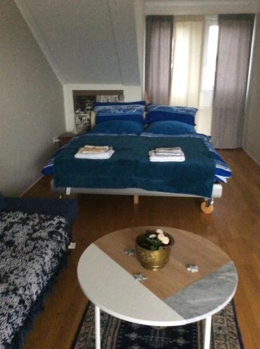 科隆Dachstudio mit Bad und Terasse的一间卧室配有一张床和一张桌子