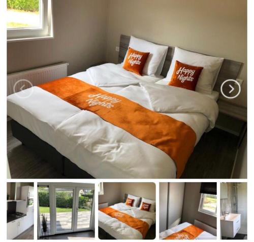 LathumRhederlaagse Meren的一间卧室配有一张带橙色和白色毯子的床