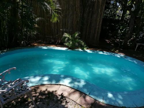 迪坡斯特兰Posada Bugambilias的庭院里带椅子的蓝色小游泳池