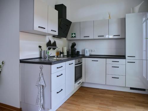爱尔福特Appartement SCHILLER I - Erfurt Zentrum的厨房配有白色橱柜和黑色台面