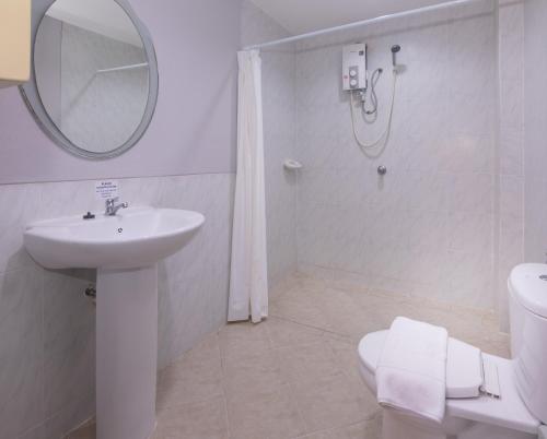 芭堤雅市中心罗宾雀巢旅馆及餐厅的一间带水槽、卫生间和镜子的浴室