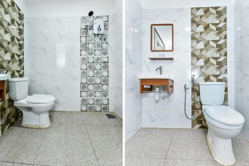 艾尔克如Super OYO 90509 Usima Forest Resort的浴室设有卫生间和水槽,两幅图片