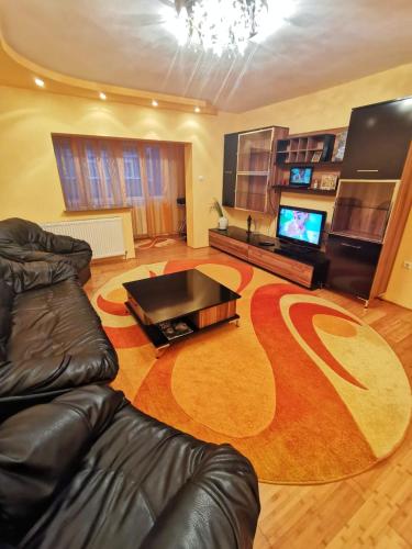 阿尔杰什河畔库尔泰亚Apartament Patrick的客厅配有真皮沙发和电视