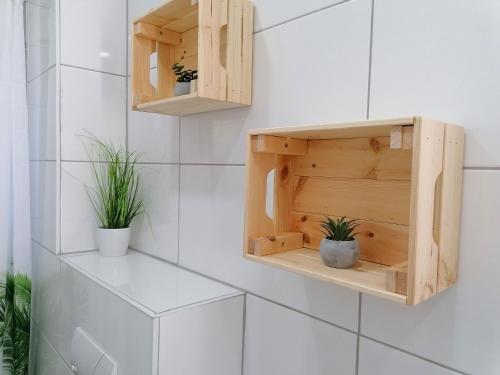布伦瑞克M-OASE Feeling Design I Küche I Netflix I Balkon的浴室设有木橱柜和盆栽植物