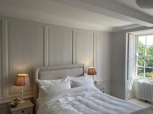 卡迪根Noyadd Trefawr的卧室配有白色床、两盏灯和一扇窗户。