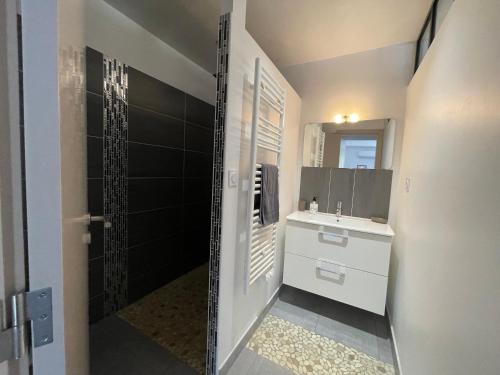 维特拉克Villa COSA Spa privatif, Gîte proche Sarlat的带淋浴、盥洗盆和镜子的浴室