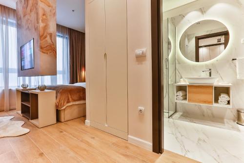 拉法洛维奇La Fiaba Rafailovici Apartment的浴室设有床、水槽和镜子