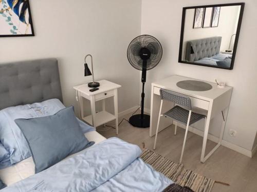 什切青Apartament Polonia的一间卧室配有一张床、一张书桌和一面镜子