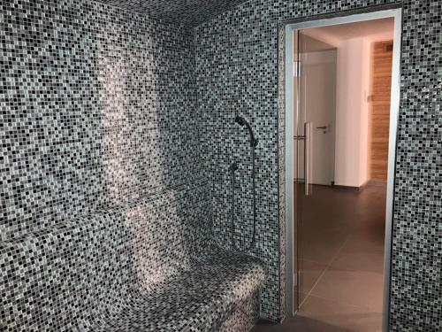 克维尔达Wellness & Spa Pila Kvilda AP 2 01 a AP 3 07的浴室设有马赛克瓷砖墙壁和淋浴。