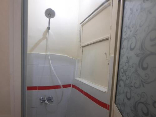 开罗happy life hostel的带淋浴和浴帘的浴室