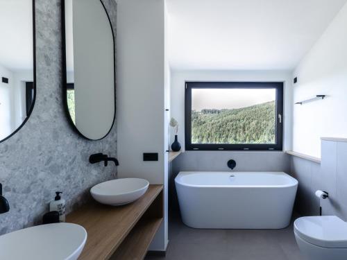 温特贝格Sauerland Lodge - Haus Luise的带浴缸、水槽和镜子的浴室