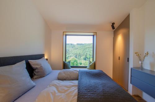 温特贝格Sauerland Lodge - Haus Luise的一间卧室设有一张大床和大窗户