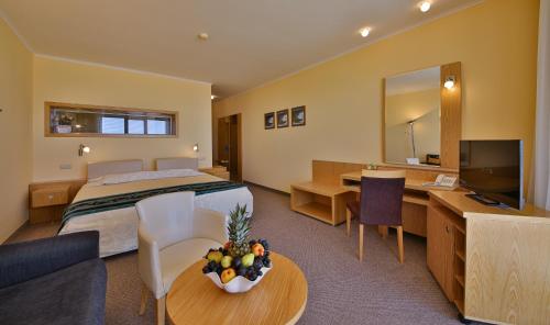 阿尔贝纳Kaliakra Beach Hotel - Ultra All Inclusive的酒店客房配有一张床、一张书桌和一台电视。
