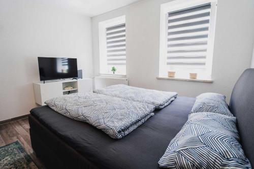 格拉Ferienwohnung Maria - Gera Zentrum NEU renoviert的一间卧室设有一张床、一台电视和窗户。