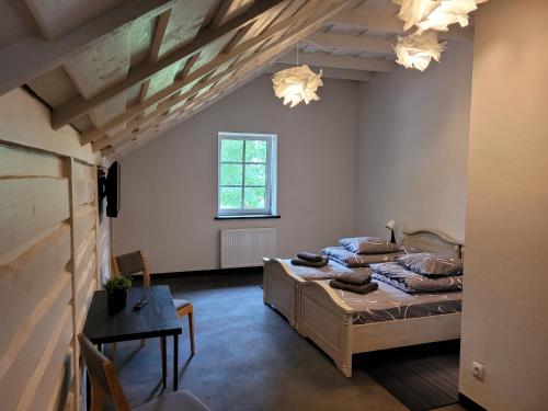 VārveVārves Muiža的一间卧室设有两张床、一张桌子和一个窗口