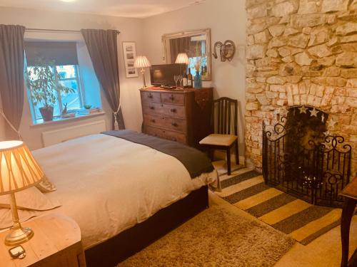 霍尔斯沃西Molesworth Arms Pyworthy的一间卧室配有一张床和一个石头壁炉