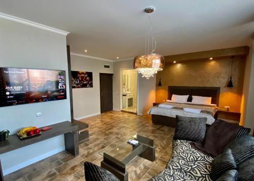 普罗夫迪夫Luxury Apartments Ivon的客厅配有沙发和1张床
