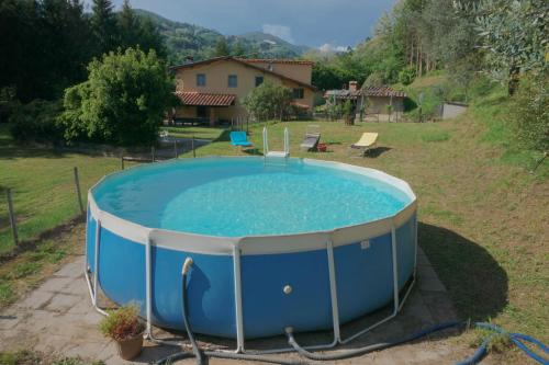 MedicinaPodere Il Pino的一座带房子的庭院内的大型游泳池