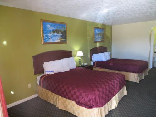 HempsteadAmericas Best Value Inn & Suites Hempstead的绿墙旅馆客房的两张床