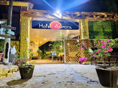 蒙特苏马奥罗拉酒店的前方鲜花盛开的夜间酒店入口