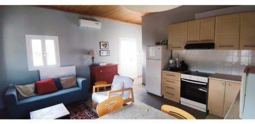 KrokeaíArtemis House的一间带蓝色沙发的厨房和一间带炉灶的厨房