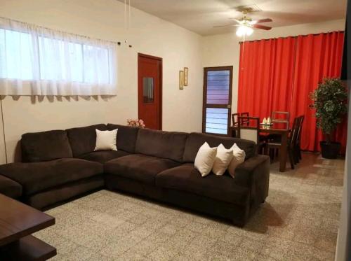帕潘特拉德奧拉特Cómodo departamento的客厅配有棕色沙发和桌子