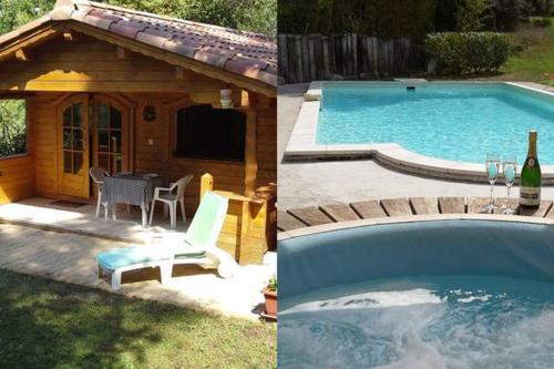 布克贝莱尔Chalet l'emiline , Gite climatisé au sud d'aix avec piscine的两张游泳池和带桌子的房子的照片