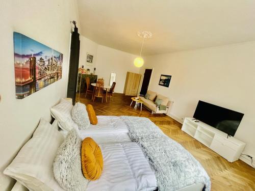腓特烈港aday - Beautiful Suite的一间卧室配有一张大床和一台平面电视