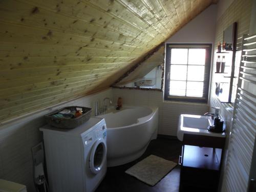 斯托尼拉斯奇Skalny Dom的带浴缸、水槽和洗衣机的浴室
