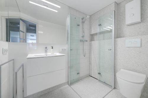 格但斯克Apartment Northern Gdańsk的带淋浴、卫生间和盥洗盆的浴室