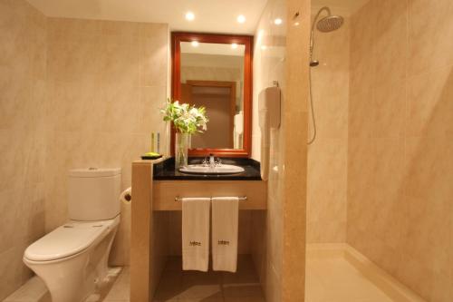马托西纽什哈瓦那汽车旅馆的一间带卫生间、水槽和镜子的浴室