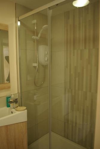 坎伯恩Rural retreat, central location, close to beaches的浴室里设有玻璃门淋浴