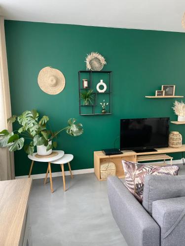 布雷斯地区布尔格Appartement T2 proche de la gare Bourg en Bresse的带沙发和绿色墙壁的客厅